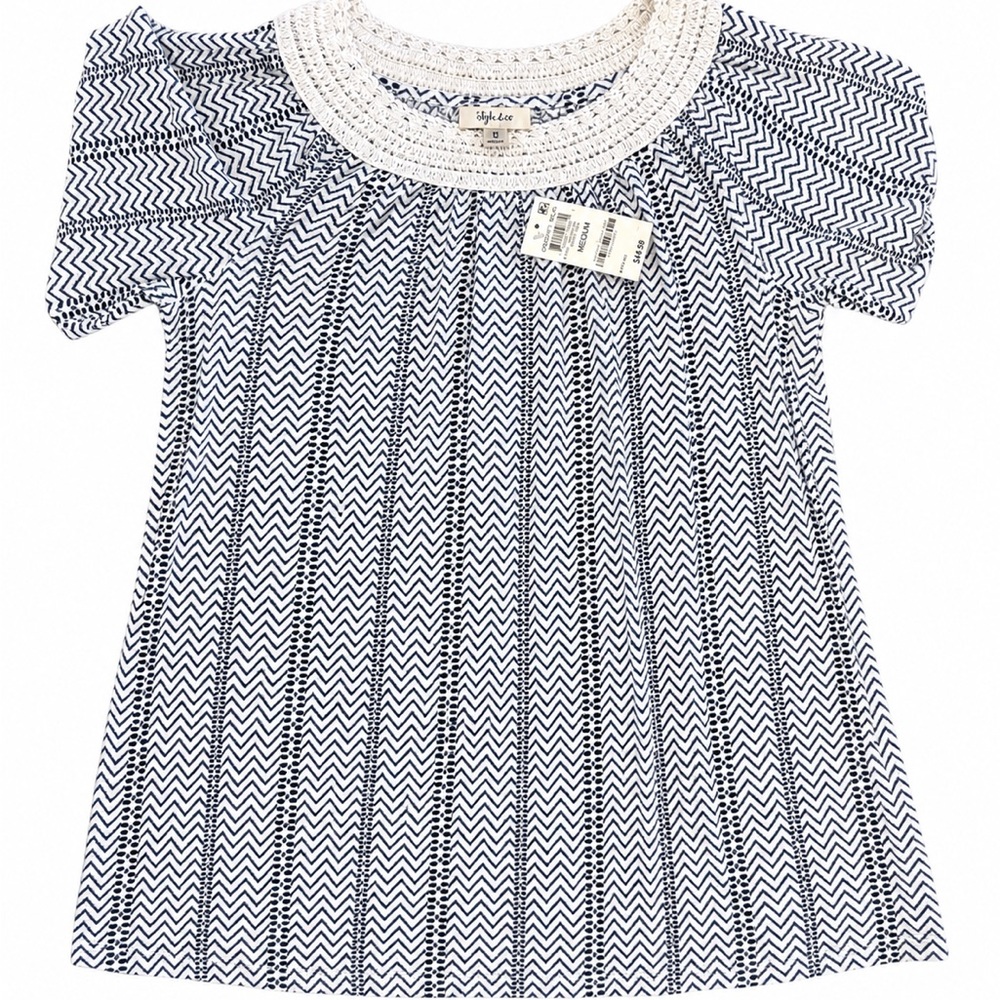 Style & Co. Navy and White Chevron Crochet Yoke Top